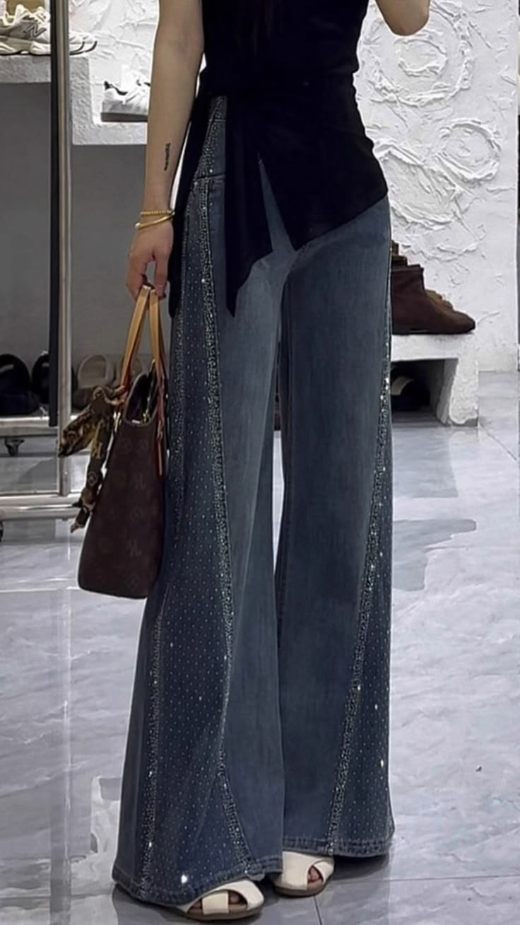 Rhinestone Panel Wide-Leg Jeans.
