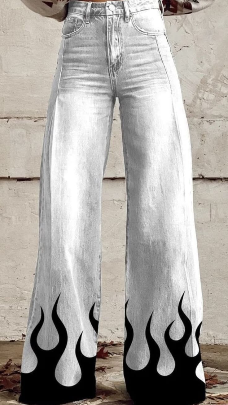 Flame Print Wide-Leg Denim Jeans.