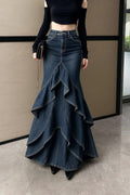 Tiered Ruffle Denim Maxi Skirt.