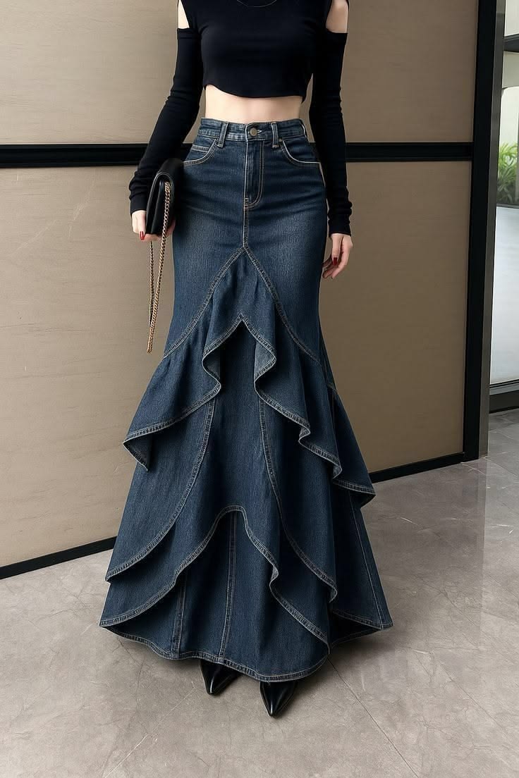 Tiered Ruffle Denim Maxi Skirt.