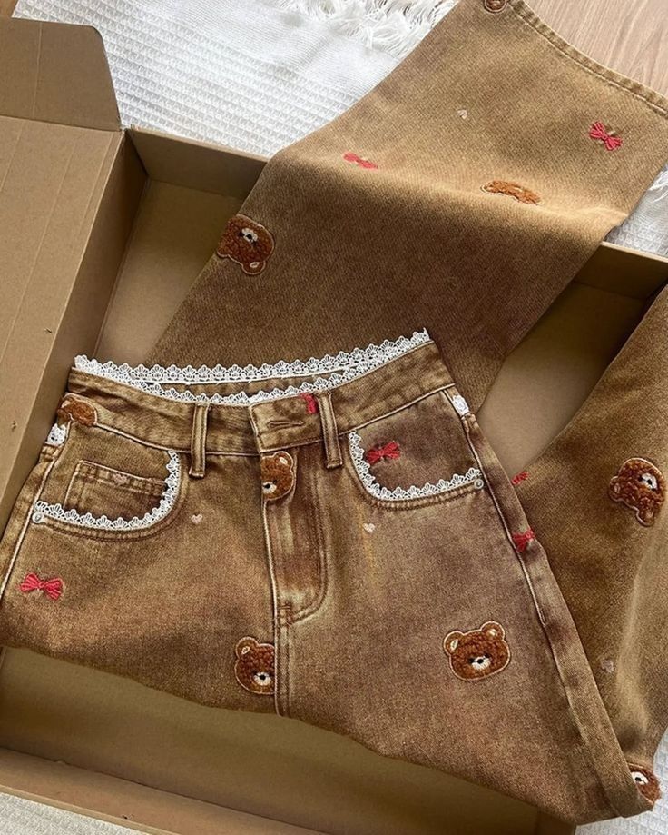 Teddy Bear Embroidered Straight Jeans