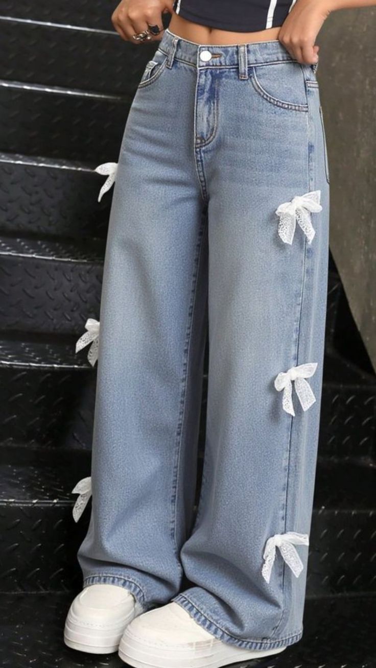Bow Detail Wide-Leg Denim Jeans