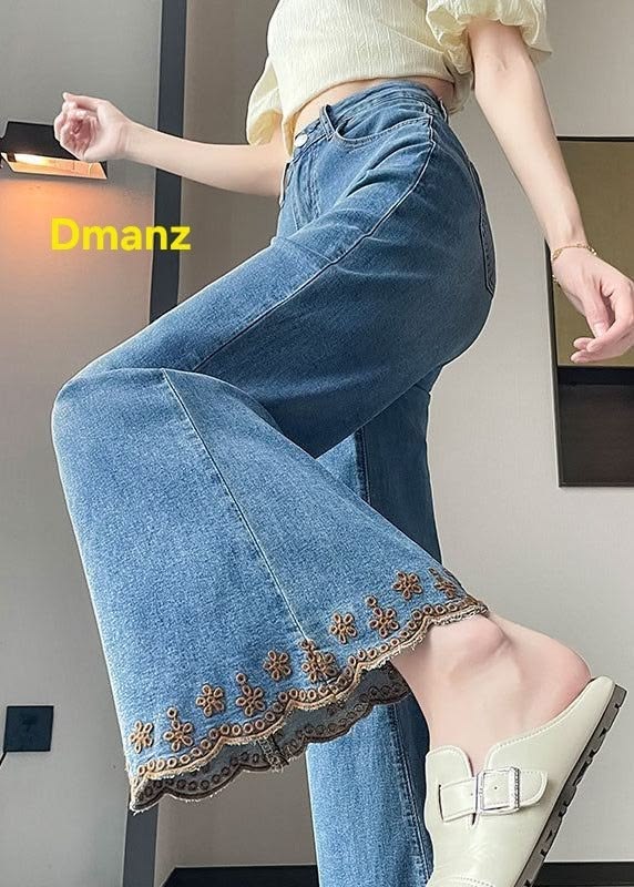 Floral Hem Wide-Leg Jeans