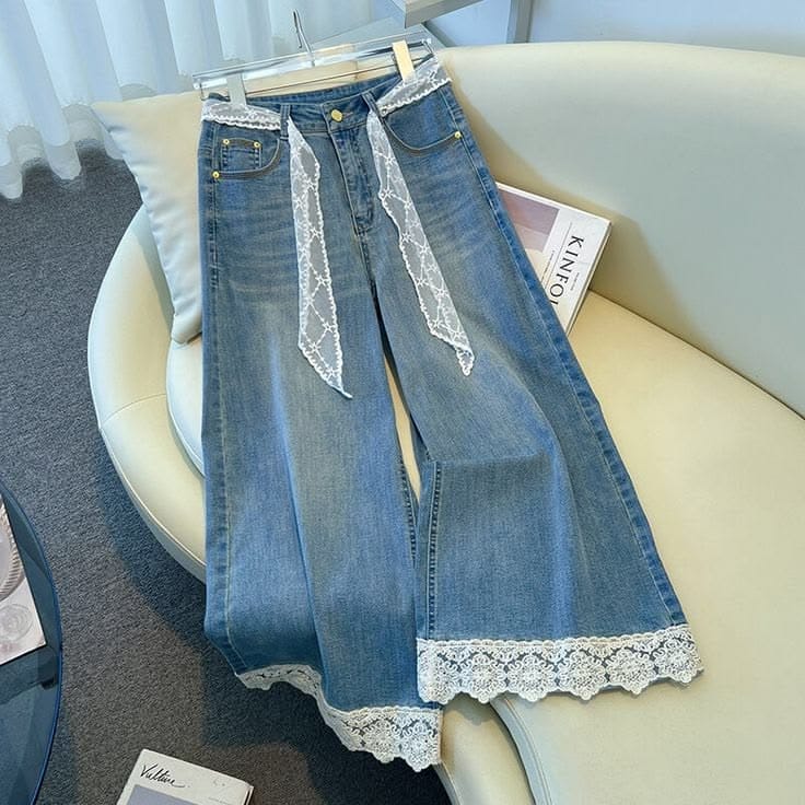 Lace Trim Wide-Leg Jeans