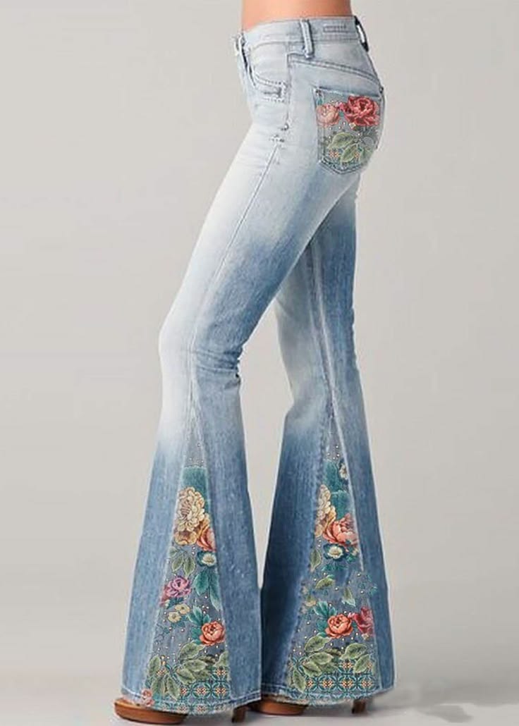 Floral Embroidered Bell Bottom Jeans