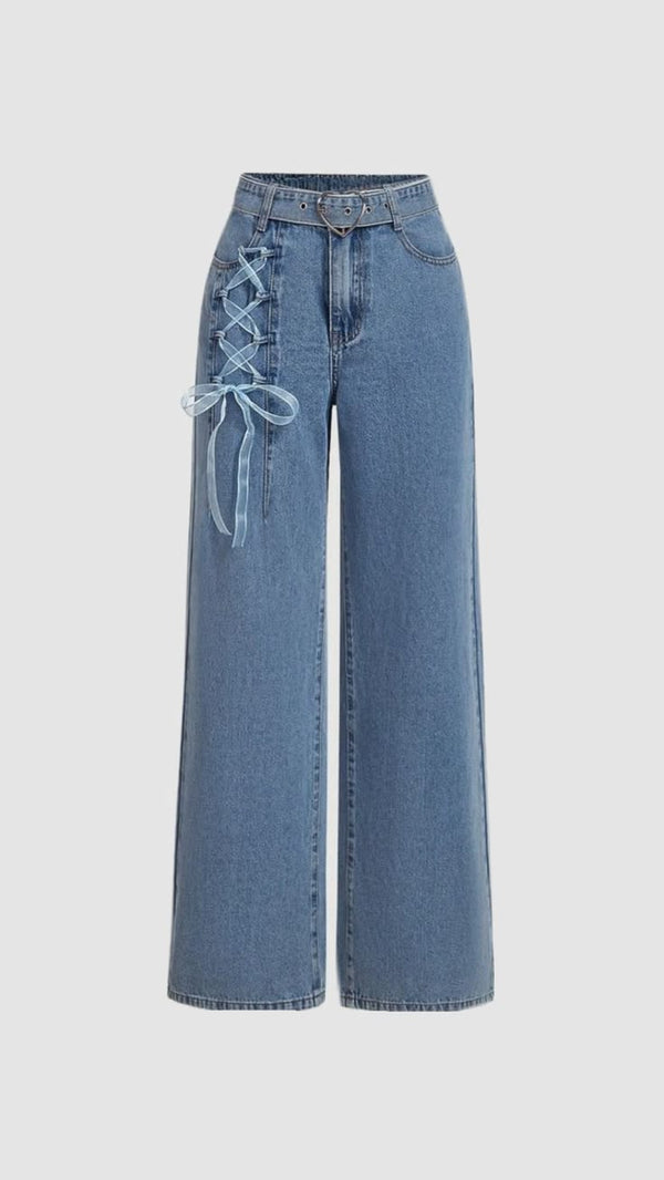 Ribbon Lace-Up Wide-Leg Jeans