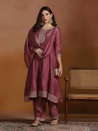 Wine Embroidered Kurta Set
