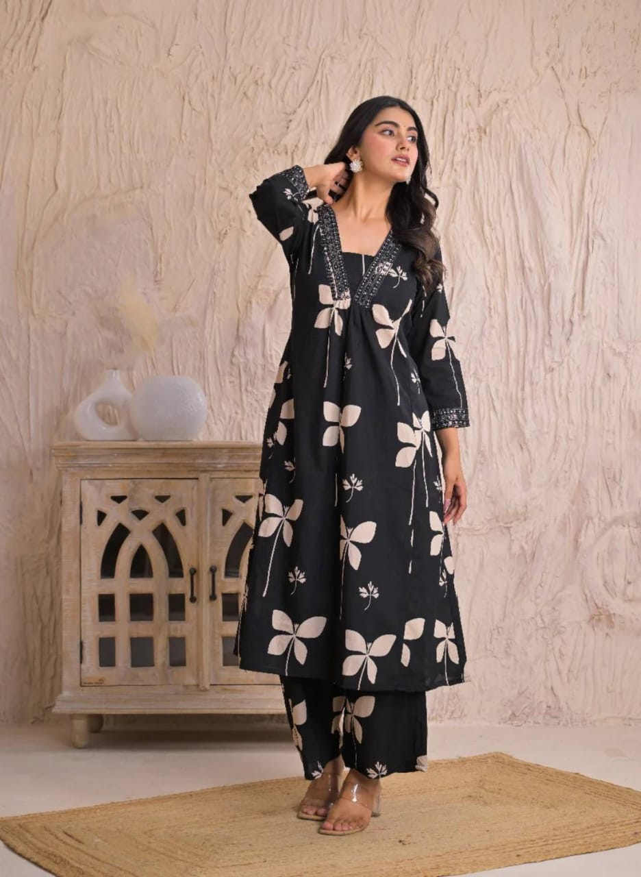 Black Floral Kurta Set
