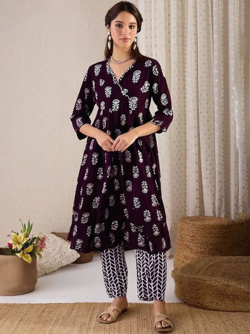 Plum Printed Kurta Set