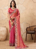 Rose Pink Floral Embroidered Silk Saree