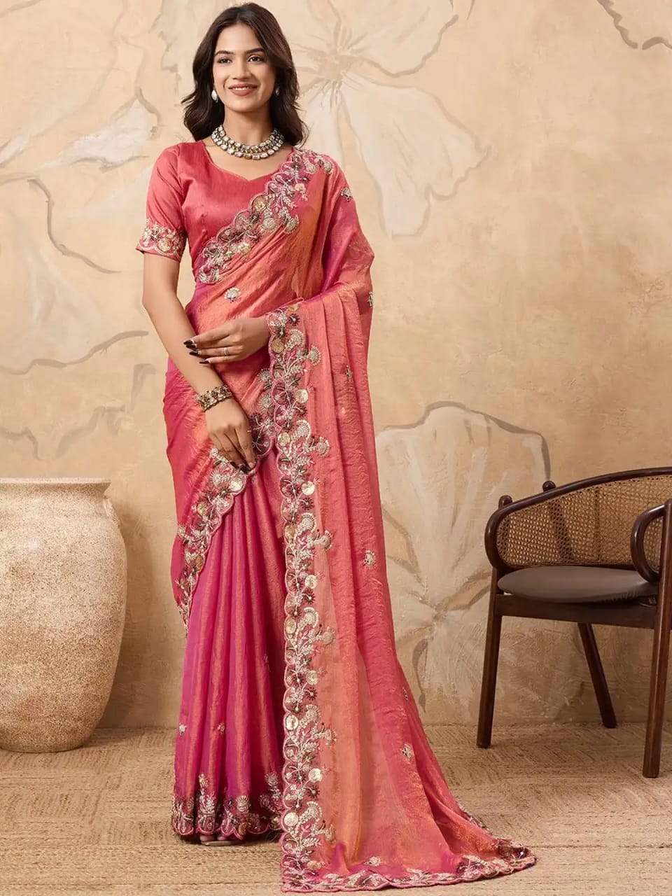 Rose Pink Floral Embroidered Silk Saree