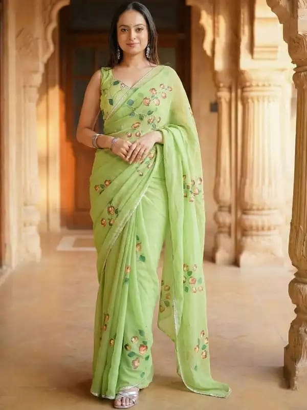 Mint Green Floral Organza Saree