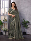 Olive Green Fringe Border Tissue Saree
