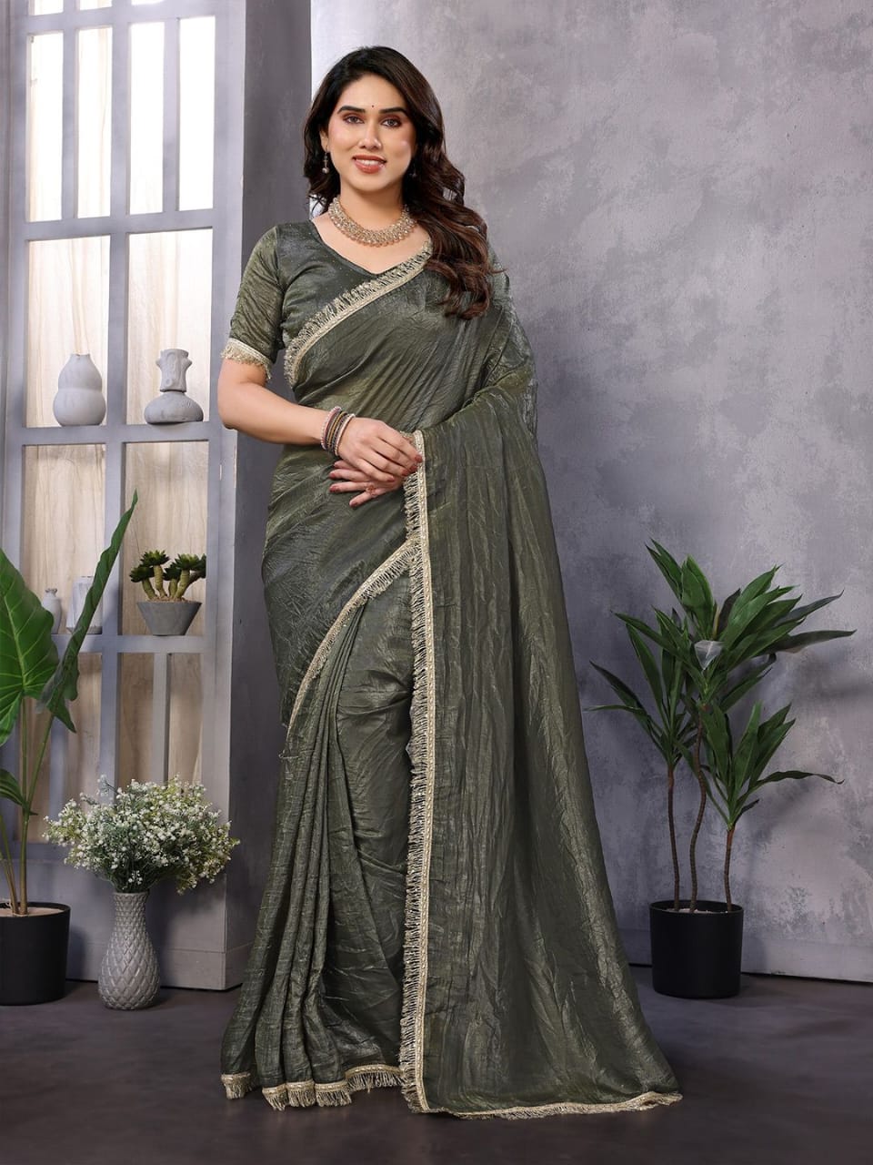 Olive Green Fringe Border Tissue Saree