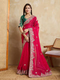 Rani Pink Embroidered Party Wear Saree