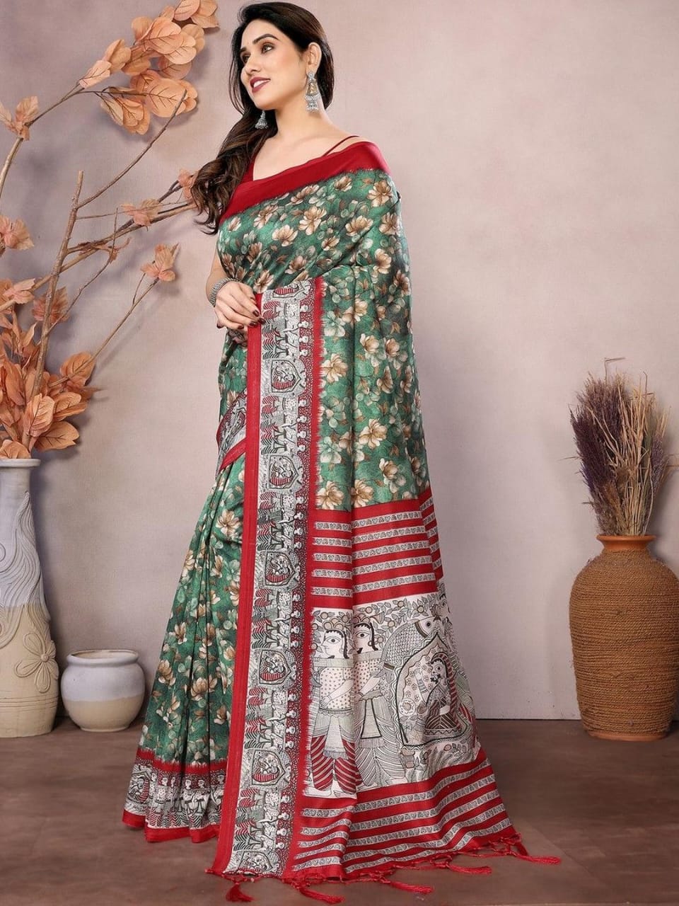 Emerald Floral Printed Designer Saree