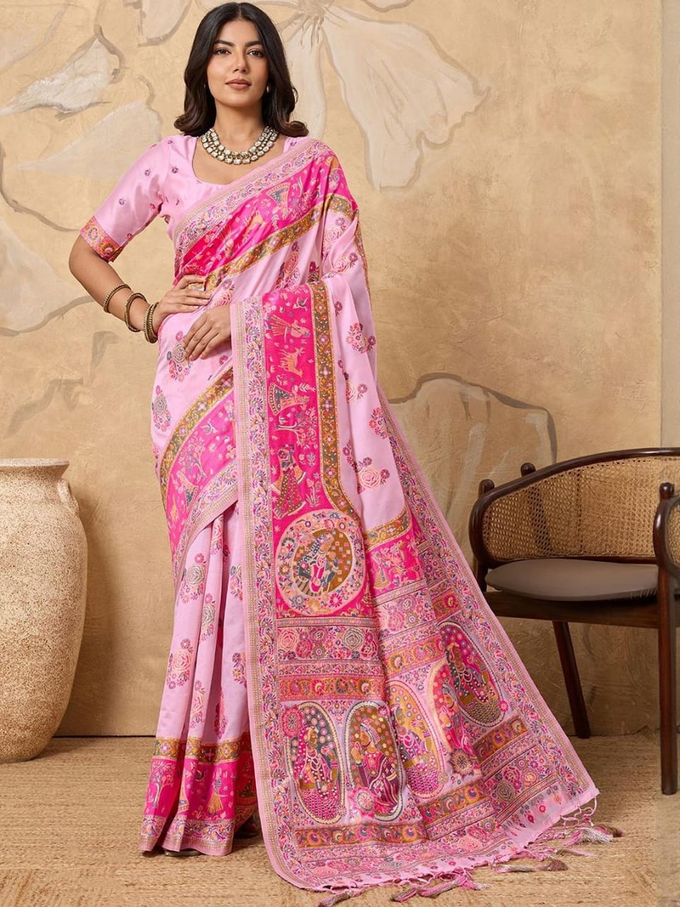 Baby Pink Heritage Print Silk Saree