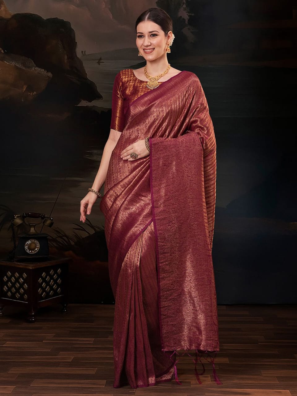 Wine Shimmer Silk Saree