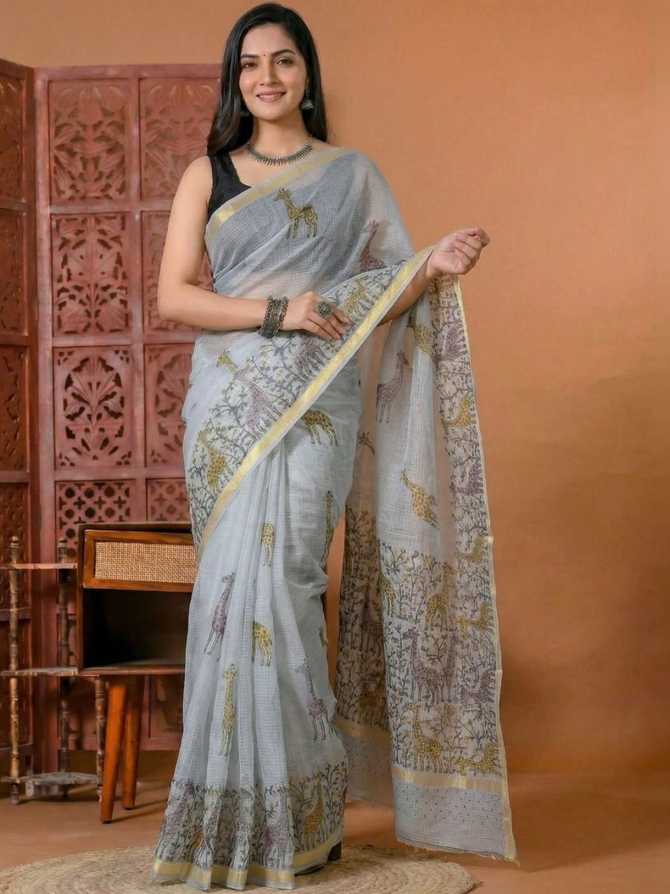 Dove Grey Printed Cotton Linen Saree