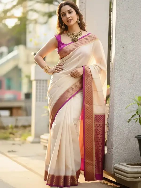 Ivory Cream Temple Border Silk Saree