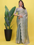 Sage Green Embroidered Tissue Saree