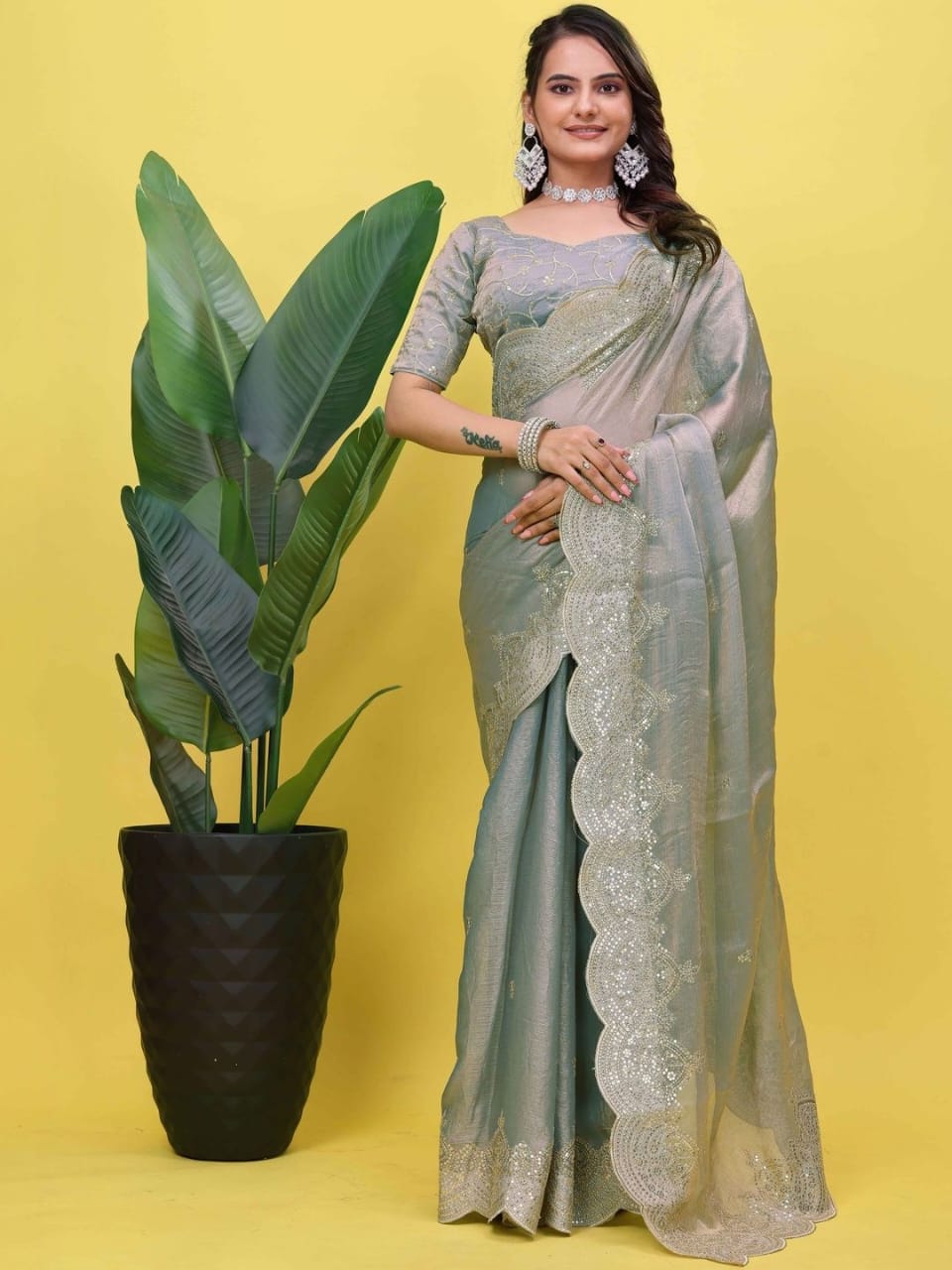 Sage Green Embroidered Tissue Saree