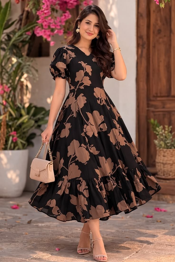 Black Floral A-Line Dress