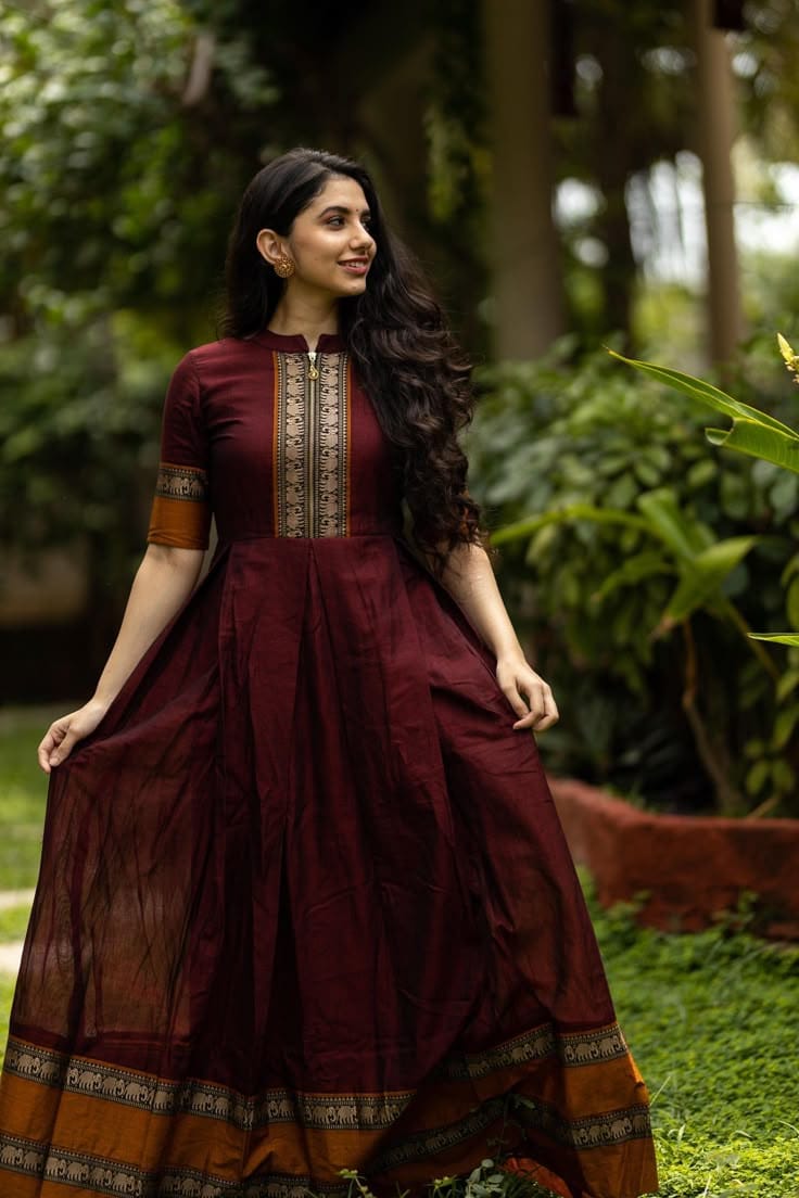 Maroon Cotton Ethnic Dress