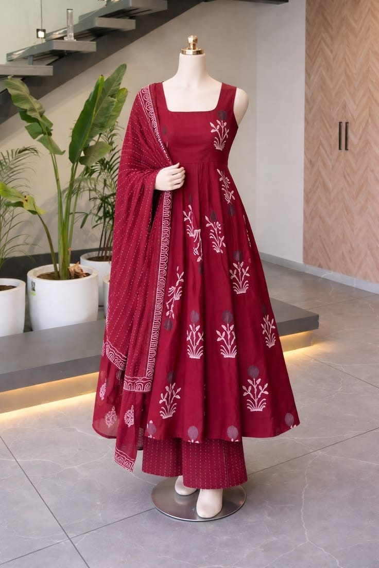 Wine Printed Anarkali Kurta Set with Dupatta..