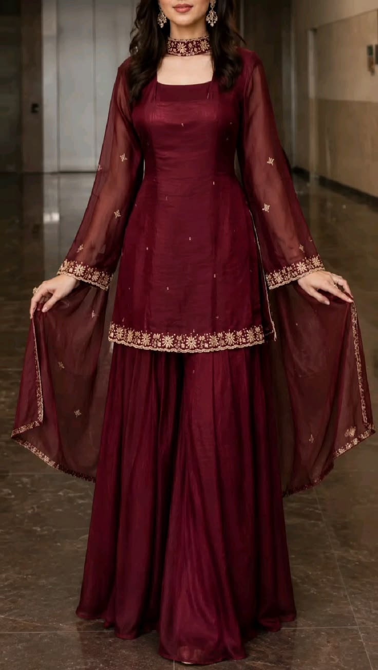 Maroon Embroidered Sharara Suit Set