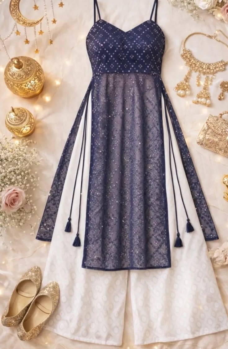 Navy Blue Lace Straight Kurta with Palazzo Set..