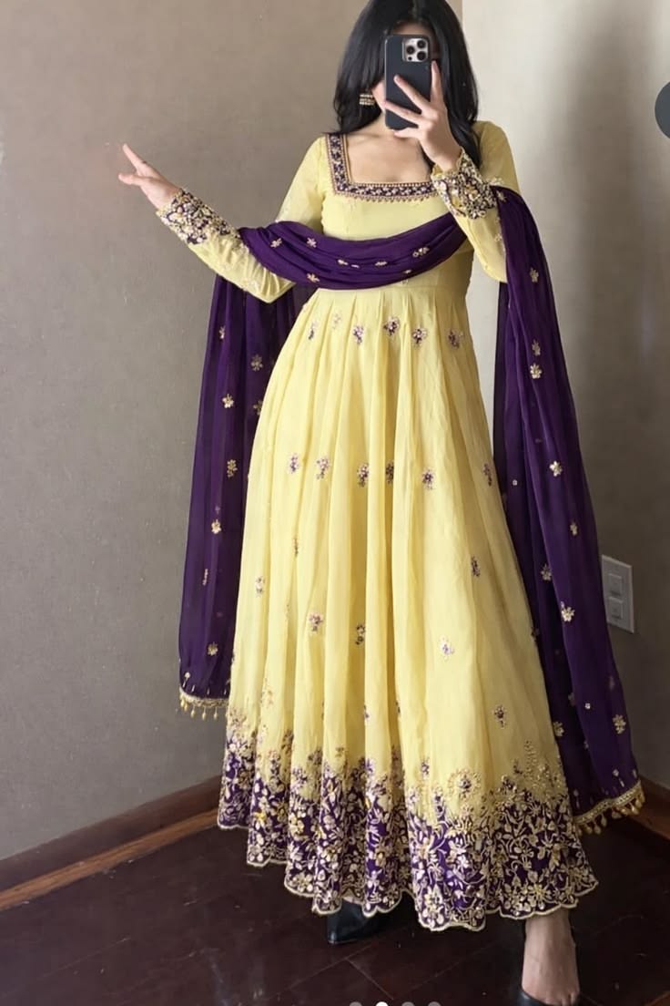 Butter Yellow Anarkali Suit with Purple Dupatta..
