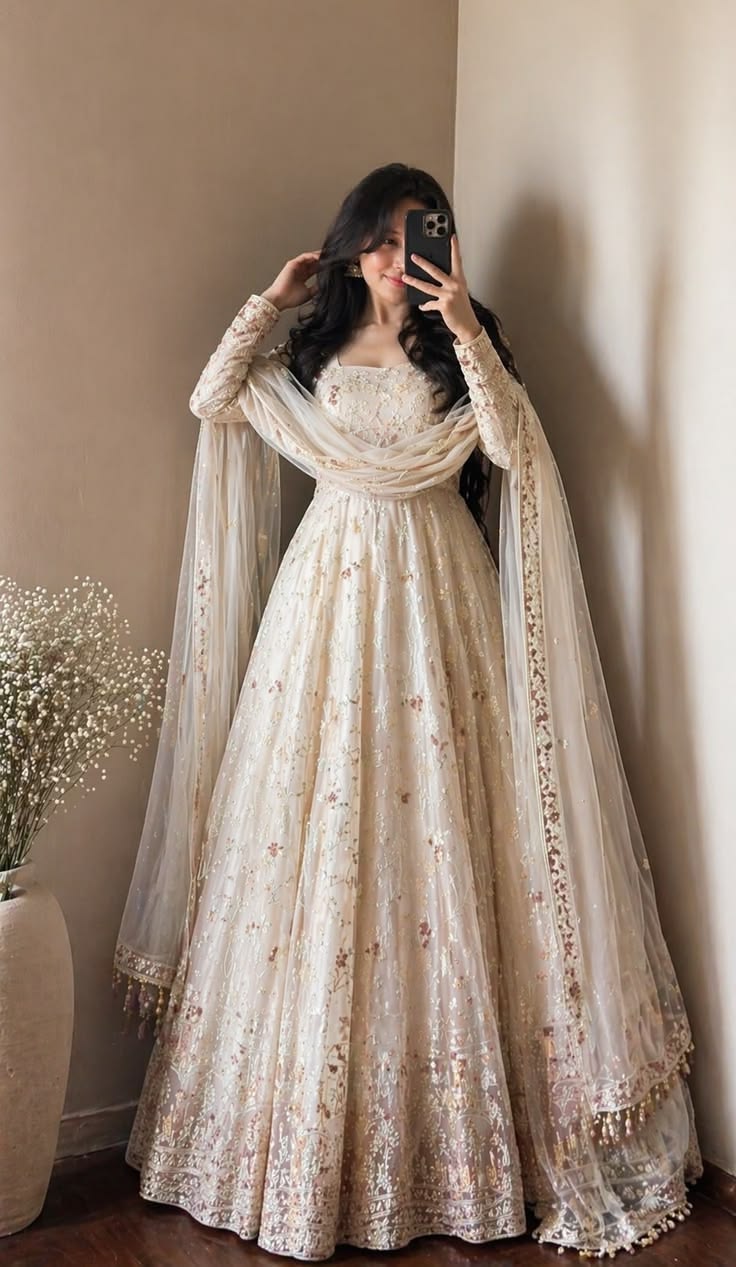Ivory Embroidered Bridal Anarkali Gown..
