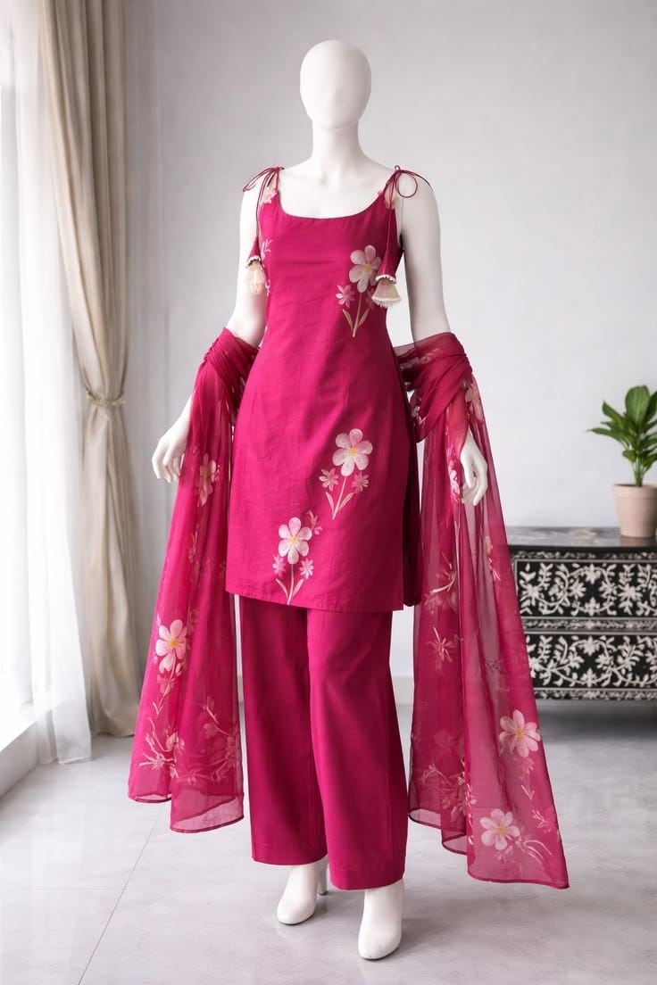 Fuchsia Floral Straight Kurta with Palazzo Set..