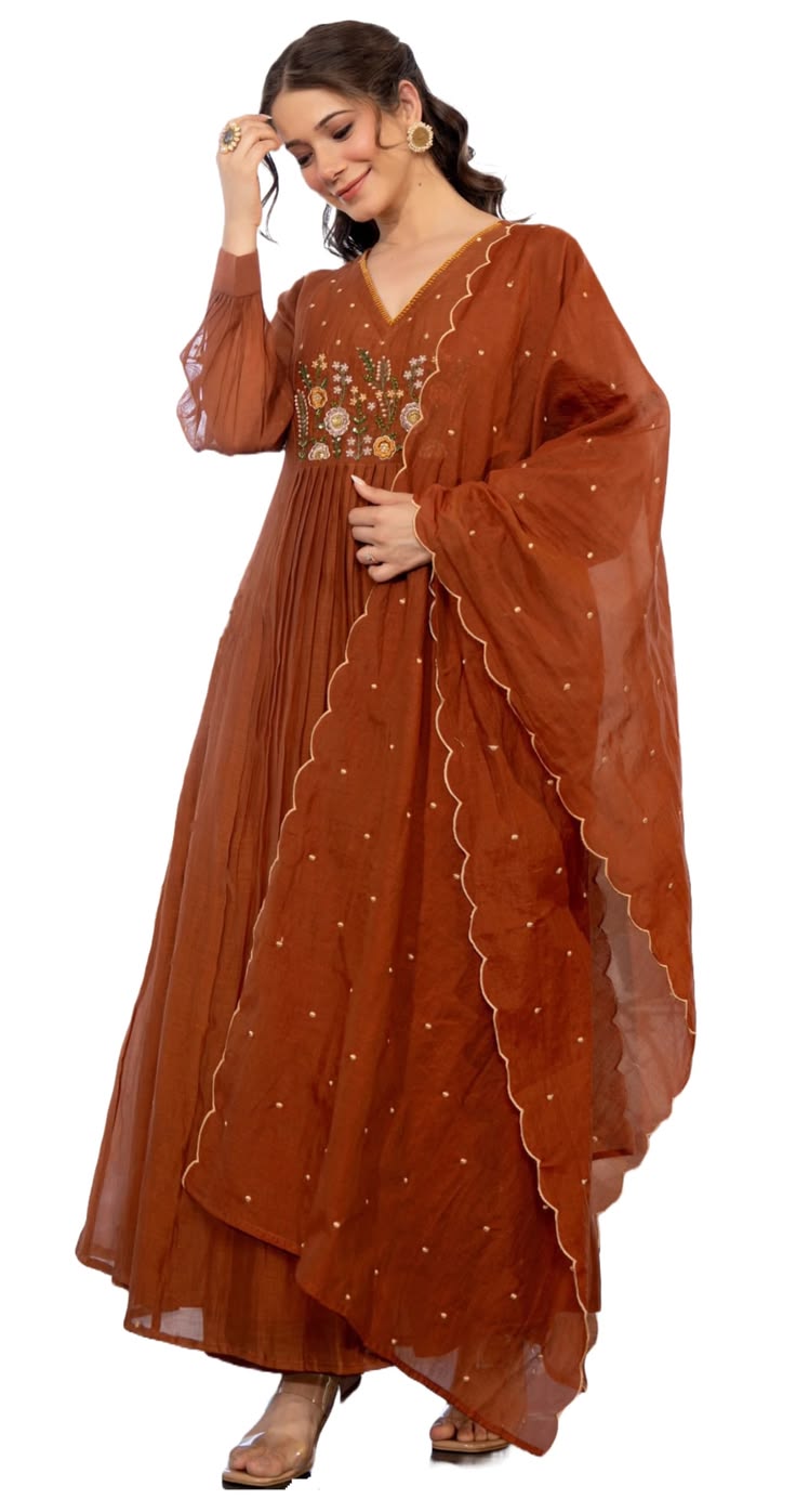 Rust Embroidered Anarkali Kurta Set