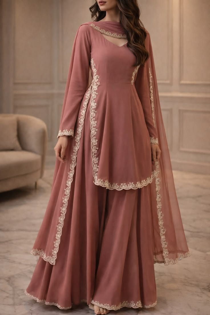 Dusty Rose Embroidered Palazzo Suit..