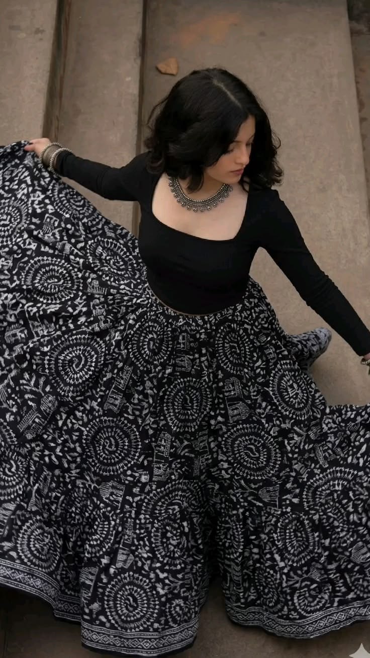 Black Printed Lehenga Skirt with Crop Top..