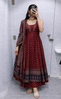 Maroon Printed Anarkali Kurta Set with Dupatta..