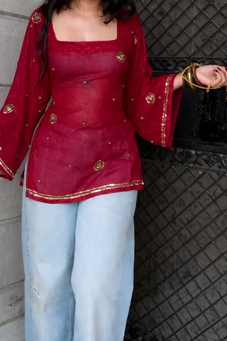 Ruby Red Embellished Short Kurti with Wide-Leg Pants..