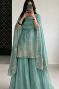Aqua Blue Embroidered Palazzo Suit Set..
