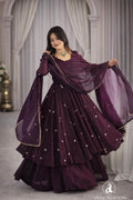Deep Plum Embroidered Anarkali Gown Set