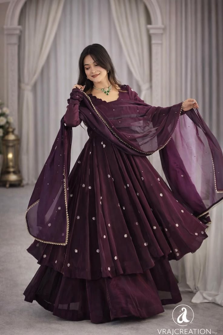 Deep Plum Embroidered Anarkali Gown Set
