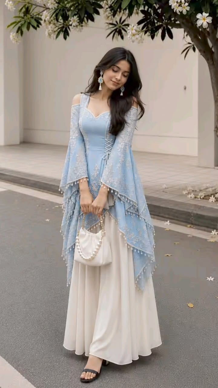 Powder Blue Embroidered Cape Palazzo Set..