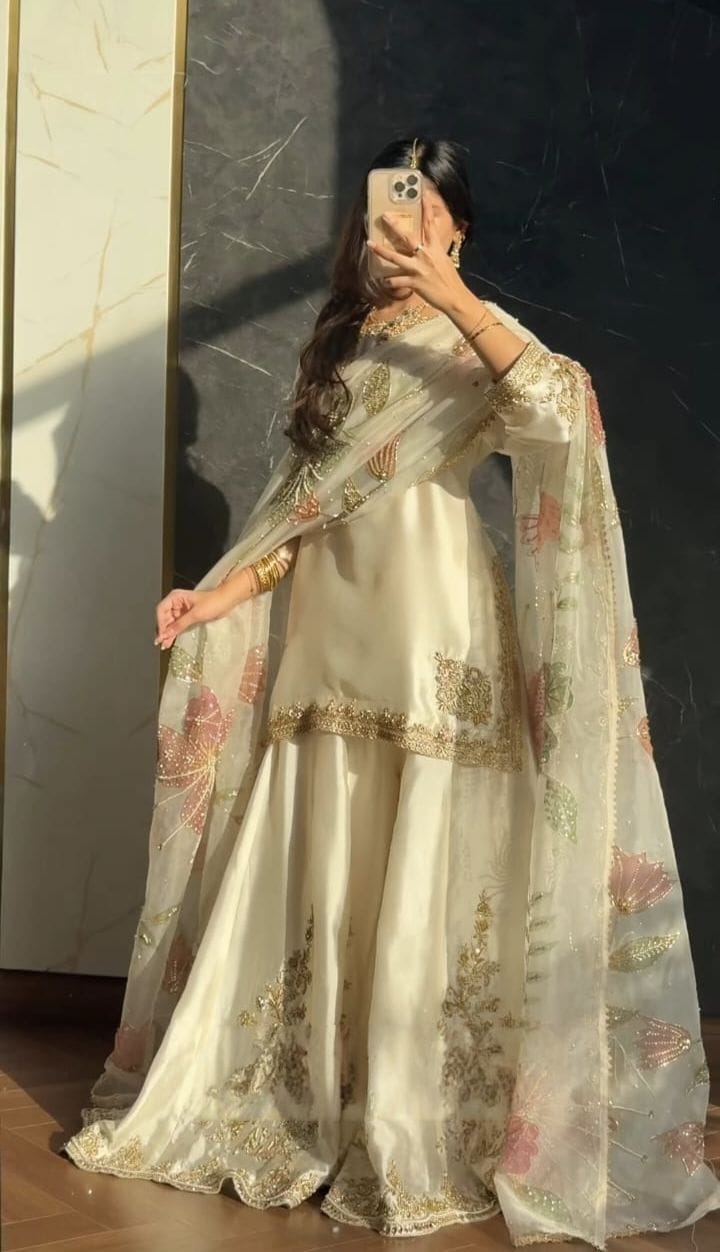 Ivory Floral Embroidered Sharara Suit Set..